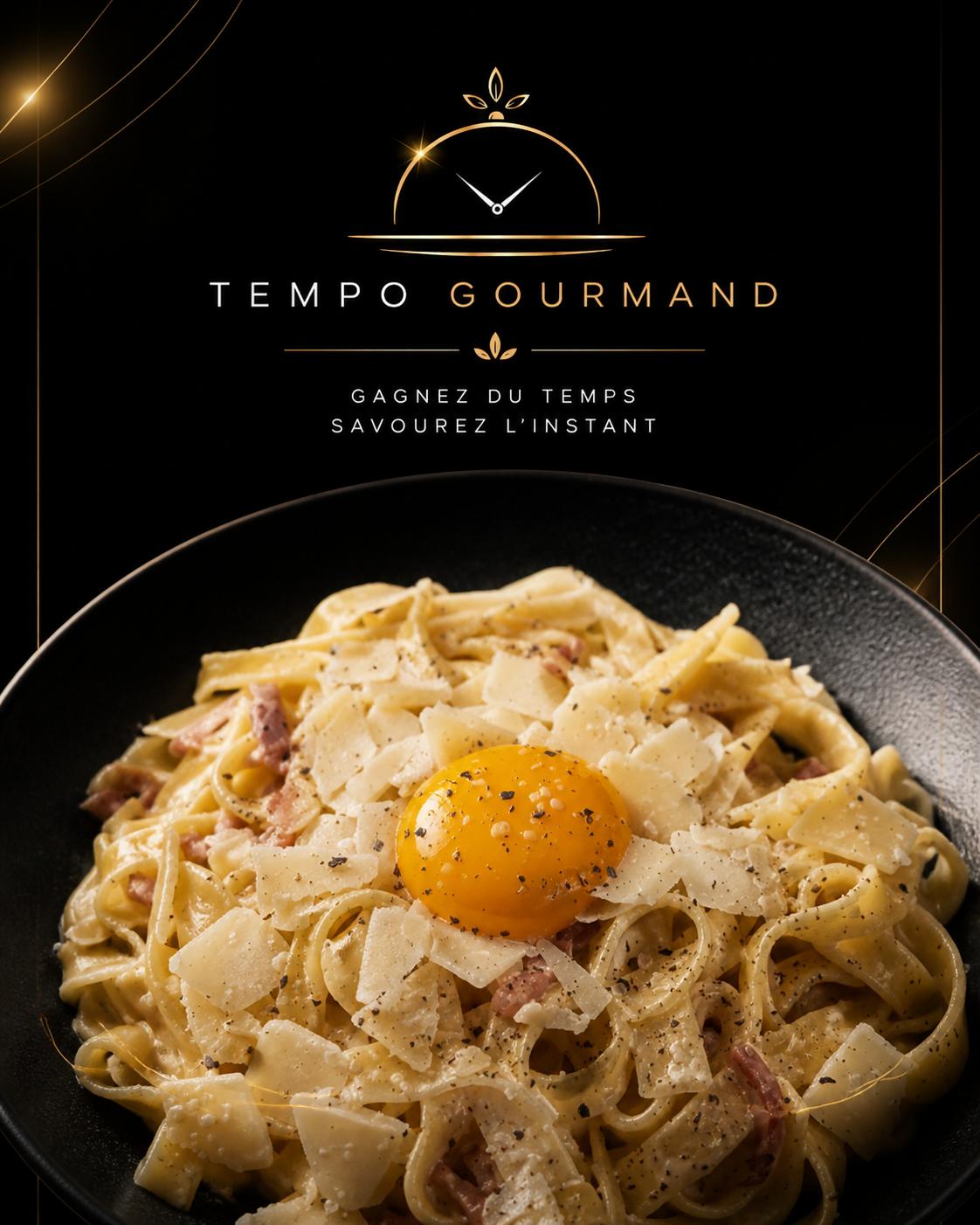 Tagliatelles à la carbonara, œuf coulant, Tempo Gourmand